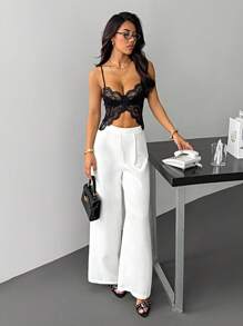 SHEIN PETITE 新款秋冬优雅休闲通勤百搭轻奢老款风高腰百褶阔腿裤白色阔腿裤白色正装裤女阔腿裤女阔腿裤女白色正装裤白色阔腿裤