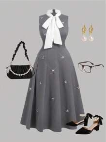 SHEIN MOD 女士加大码优雅褶皱灰色水晶装饰中长连衣裙，适合派对、闪亮连衣裙、办公室连衣裙、工作连衣裙、商务休闲、复古风格、学院风格、闪亮连衣裙、返校、情人节、深灰色