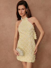 SHEIN Unity 优雅浪漫花卉装饰露肩蝴蝶结装饰连衣裙，淡黄色，婚礼宾客礼服，仙女裙 - 杏色 - 查看 7