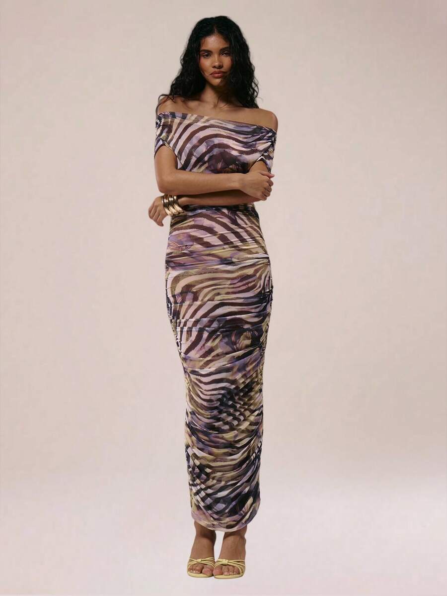 MUSERA Váy xuyên thấu trễ vai, cổ xẻ, xếp ly hai bên, họa tiết da báo phối hợp, ôm sát cơ thể, chất liệu lưới, thích hợp cho kỳ nghỉ hè, lễ hội, buổi tối hẹn hò, đám cưới, sinh nhật, câu lạc bộ, tiệc tùng gợi cảm, đi du thuyền, tiệc tùng, thanh lịch, Ibiza, dịp đặc biệt, nữ tính, dễ thương - Nhiều màu - Xem 1