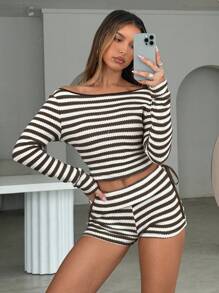 Aloruh Pantaloni scurți mini sexy cu talie joasă, cu dungi maro și albe, Y2K, pentru femei - Multicolor - Vizualizare 2