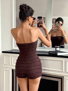 Roylia SummerGirls Women's Textured Knit Ruffle Patchwork Fitted Cropped Retro Elegant Jumpsuit Maillard Style Summer Brown - Brown - View 2