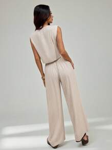 SHEIN PETITE 女士条纹西装两件套优雅通勤休闲 - 杏色 - 查看 2