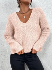 EMERY ROSE Women's Solid Color V-Neck Dropped Shoulder Long Sleeve Casual Loose Pullover Sweater Fall Winter Cloth For Women - Pink - View 5