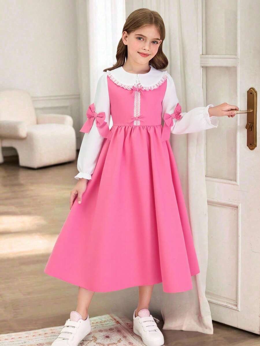 Tween Girl Floral Collar 2 In 1 Pleated Bow Long Dress - Pink - View 1