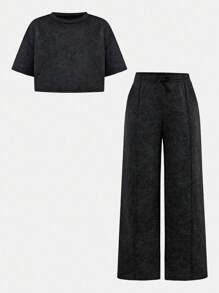2 件套青少年女孩炭灰色套头 T 恤 + 裤子套装，休闲日常搭配 - 深灰色 - 查看 9