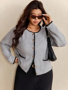 Elaquor Áo khoác cardigan cài nút phía trước hai túi viền tương phản thường ngày cỡ lớn cho mùa thu/đông - Hồng - Xem 3