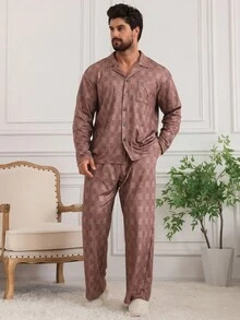 DAZY Plaid Brown Shirt Paired With Men's Casual Loungewear Set, Autumn Pajama - Brown - View 5