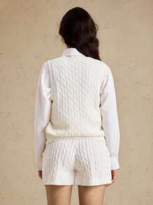 Briarwyn 女士秋冬装 Old Money Style 2 件女式字母皇冠刺绣麻花针织背心和针织短裤套装，返校季，保暖毛衣两件套 - 白色 - 查看 8