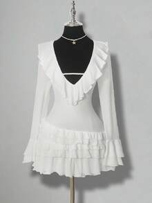 SHEIN ICON Women's Cute Sweet Girl Millennial Style Y2K Pure Desire Style Princess Banquet Dance Dress Mesh Multi-Layer Ruffle V-Neck Trumpet Sleeve Elegant White Mini Dress - White - View 1