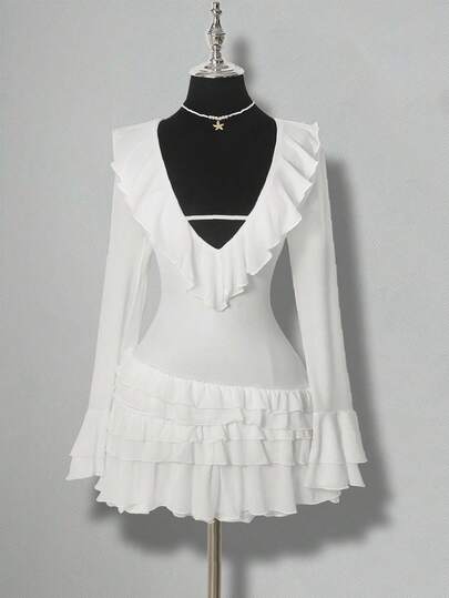 SHEIN ICON Women's Cute Sweet Girl Millennial Style Y2K Pure Desire Style Princess Banquet Dance Dress Mesh Multi-Layer Ruffle V-Neck Trumpet Sleeve Elegant White Mini Dress