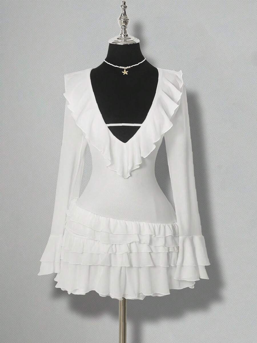 SHEIN ICON Women's Cute Sweet Girl Millennial Style Y2K Pure Desire Style Princess Banquet Dance Dress Mesh Multi-Layer Ruffle V-Neck Trumpet Sleeve Elegant White Mini Dress - White - View 1