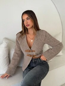 Aloruh Women's New Deep V Leather Buckle Woolen Coat, Autumn/Winter - Mocha Brown - View 3