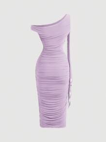 SHEIN MOD Váy dài vừa vặn vai bất đối xứng có khóa kim loại trang trí cho nữ - Màu Lilac Tím - Xem 2