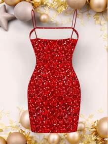 SHEIN EZwear 圣诞节休闲红色亮片印花简约女士细肩带紧身迷你连衣裙 - 白色 - 查看 2