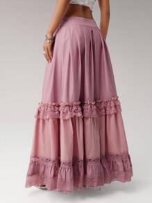 SHEIN ICON 女士啤酒节粉色蕾丝花边拼布低腰半身裙，可爱又休闲 - 粉色 - 查看 4