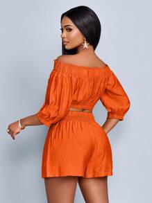 SOLERSUN Women's Summer Beach Vacation Style Puff-Sleeve Ruffle Off-Shoulder Crop Top & Pocketed Shorts,Ladies Casual Ruffle Hem,Shirred Short Sleeve Regular Fit Viscose Puff Sleeve Pants Women Two Pieces Outfits,Casual Daily Wear Two-Piece Set - Orange - View 2