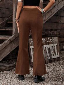 LanaWest Faux Suede & Lace Patchwork Retro Flare Pants For Women Fall Cloth For Women - Coffee Brown - View 3