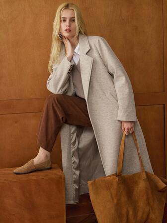 Écloséra Retro Casual Urban Commute Ullblandad Skårad Krage Långärmad Damjacka, Mellanlång, Vår/Sommar