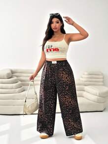 SHEIN EZwear 大码女式豹纹字母贴花口袋阔腿休闲裤 - 彩色 - 查看 4
