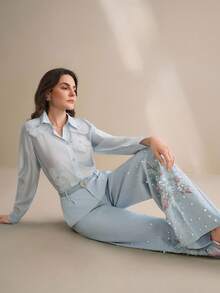 Anewsta Luxury Embroidered, Sequined, Beaded, 3D Floral Design Light Blue Wide Leg Pants For Women - Blue - View 7