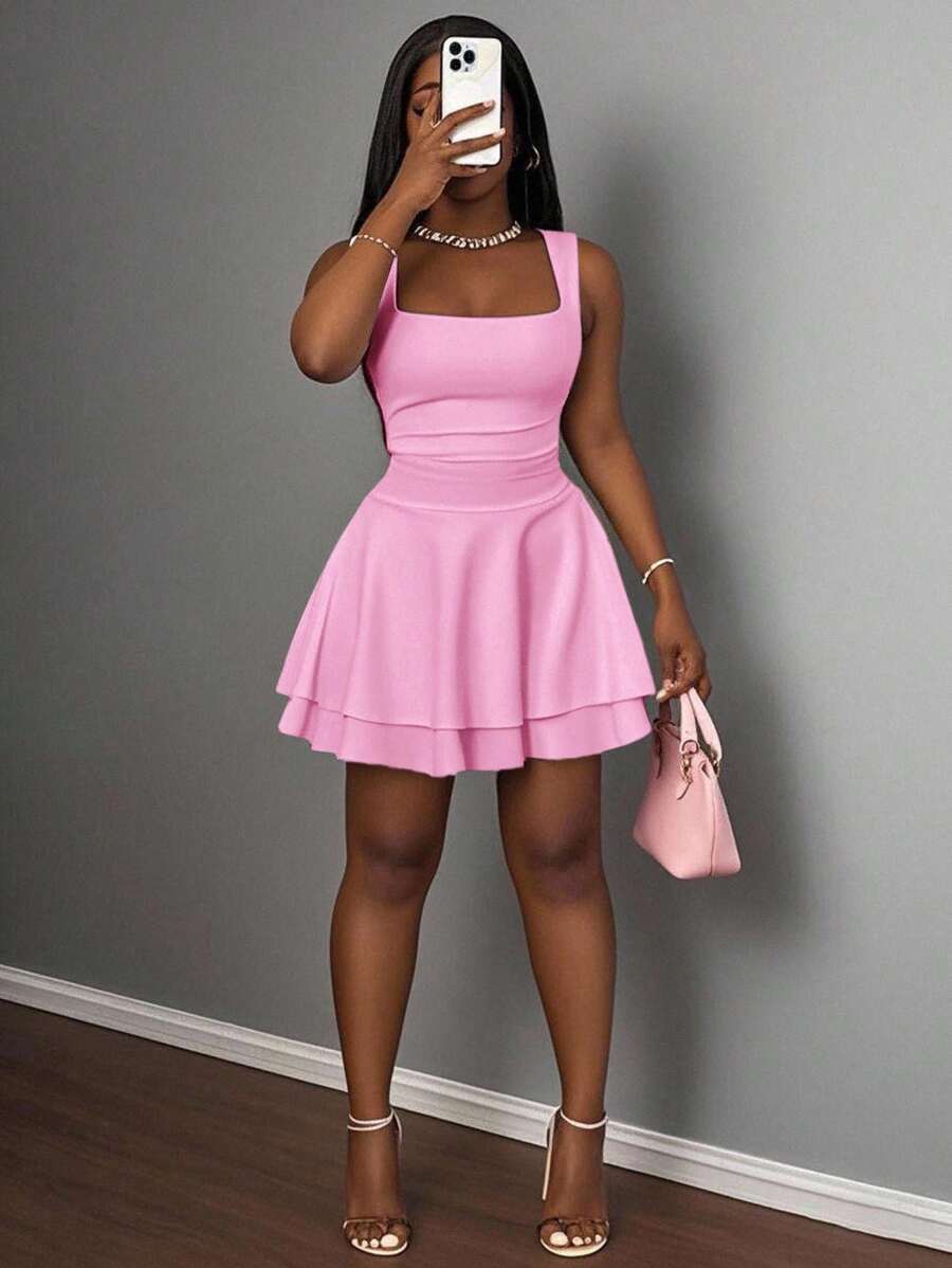 Slaydiva 女式休闲基本款无袖褶皱分层 A 字短裙，甜美圆领，夏季 - 粉色 - 查看 1