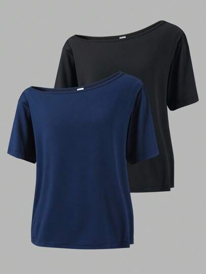 Sparklyn 2pcs Tween Girls' Casual Solid Color Asymmetrical Neck Loose T-Shirt, Summer