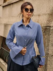 Easura Plus Size Striped Print Buttoned Front Fitted Long Sleeve Shirt Fall Cloth For Women - Multicolor - View 4