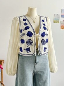 Soleia Áo khoác vest dài tay vải lanh thêu màu xanh dành cho nữ cỡ lớn - Nhiều màu - Xem 7