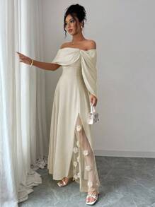 Elenzga 女式新款优雅3D花卉腰部收腰长裙 - 杏色 - 查看 4