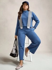 Zelara Plus Size Women's Blue Crew Neck Button Decor Pullover Sweater And Wide Leg Pants 2 Pieces Casual Loose Set, Warm For Autumn & Winter Fall - Blue - View 4