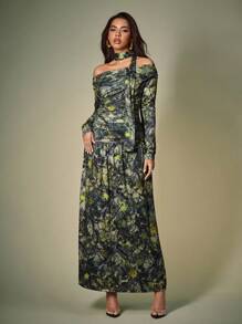 ORANGE STUDIO Women's Long Dress With Autumn Leaf Camouflage Pattern, Winter Long Sleeve Maxi Dress Women Green Floral Dress Women Floral Maxi Dress Printed Maxi Dress Long Sleeve Floral Dress - Army Green - View 5