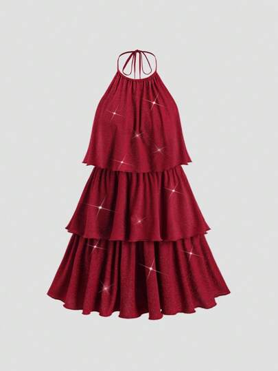 Sweetra 全新休闲派对多层荷叶边金属酒红色吊带连衣裙