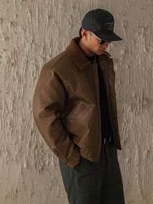 DAZY Men's Brown Leather Patchwork Collar Thick Insulated Jacket, Winter - Brown - View 8