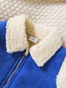 年轻女孩冬季仿皮羊毛机车背心夹克 - 寶藍色 - 查看 3