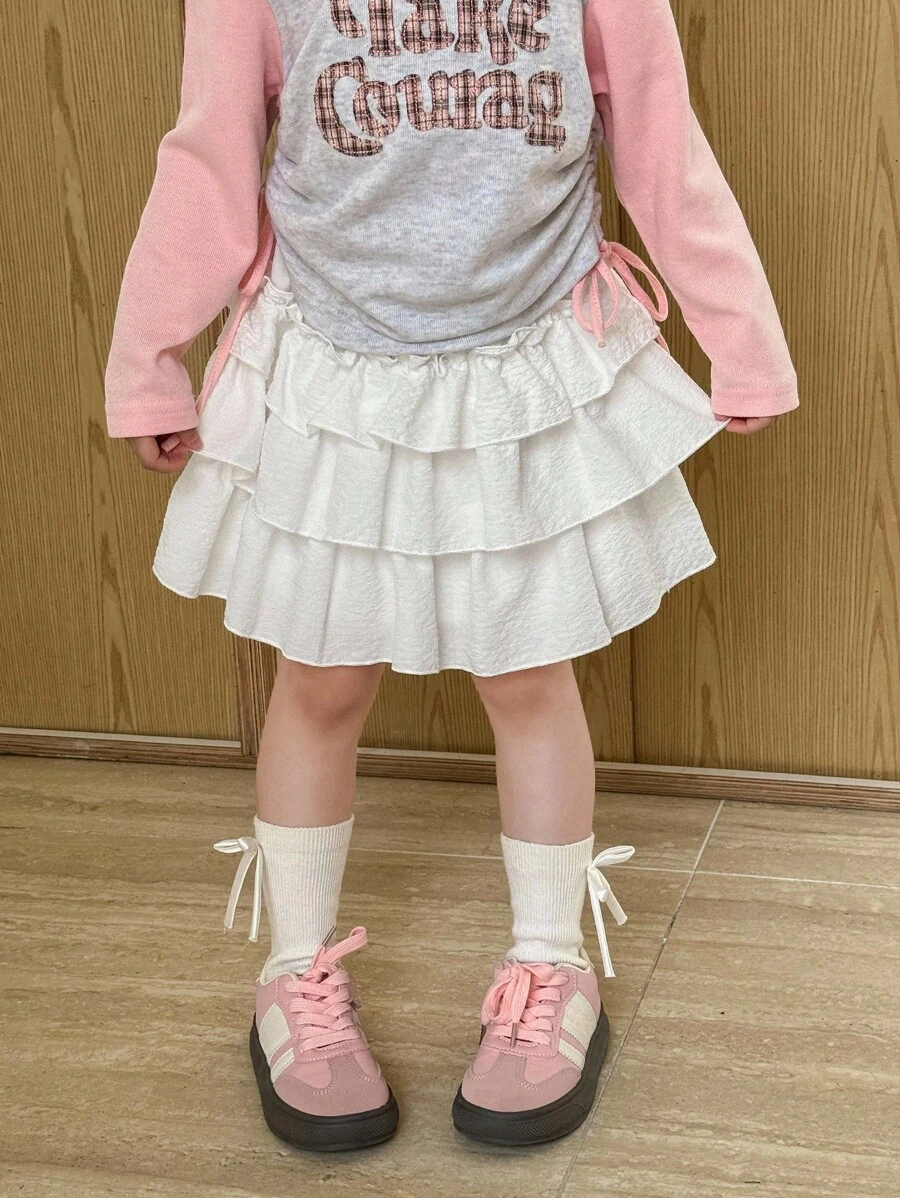 SHEIN Little Byeori 少女甜美可爱层叠荷叶边下摆半身裙 - 白色 - 查看 1