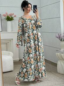 Yasmyna 优雅复古浪漫花卉和珍珠装饰女士宽松休闲连衣裙，适合通勤和户外穿着 - 彩色 - 查看 3