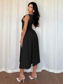 Modelyn Women's Button Decor Pleated Sleeveless Casual Mid-Length Solid Color Dress - Black - View 2