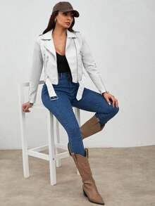 EURMUSE Women'S Asymmetric Collar Zipper Front Belted Jacket - White - View 4