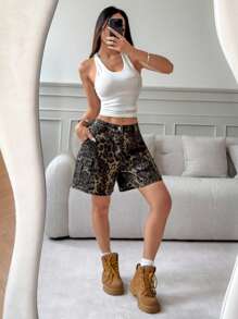 SHEIN ICON Women's Leopard Print Cargo Pocket Wide Leg Casual Denim Shorts - Multicolor - View 3