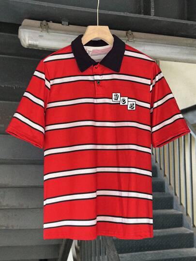 SHEIN Teen Boys Casual Striped Collar Short Sleeve Polo Shirt, Comfortable & Versatile For Commute, School, Everyday, Vacation, Sports, Suitable For Spring/Summer