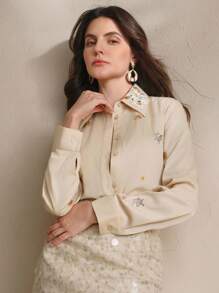 Anewsta Áo sơ mi dài tay dáng rộng cho nữ màu trơn, thêu hạt cườm, trễ vai - Màu be - Xem 4