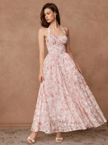 SHEIN Unity Romantic Elegant Floral Print Waist Cinched Off-The-Shoulder Dress, Suitable For Wedding Guest, Fairy Dress - Pink - View 6