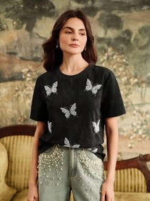 Anewsta Áo thun tay ngắn đính đá hình bướm thời trang dành cho nữ - màu đen - Xem 6