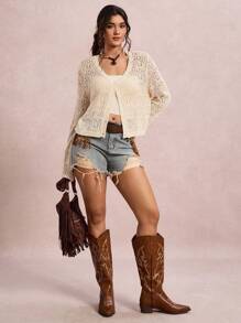 Freevana 大码女式纯色镂空长袖单排扣针织开衫 - 杏色 - 查看 7