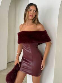 Aloruh Women's Ankara Red PU Patchwork Faux Fur Off Shoulder Fashionable Dress,Burgundy Short Dress,Wine Red Mini Dress,Halloween Costumes,Old Money Style,Christmas Dress,New Year Dress,Elegant Party Dress,Business Casual Woman,Fall Dresses For Women,Autumn Dress