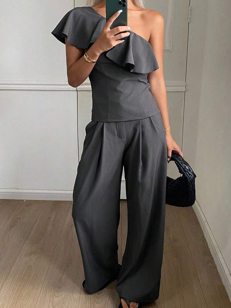 2pcs Women's Casual Solid Color Asymmetric Neck Ruffle Blouse And Wide Leg Pants Set