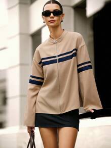 Hanevo 女士休闲时尚街头撞色条纹印花宽松版型夹克，春秋 - 卡其色 - 查看 4