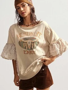 Bohemela 女式休闲时尚街头牛仔风格标语印花撞色希菲灯笼袖蕾丝细节宽松 T 恤，春/秋 - 杏色 - 查看 5