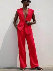 Aveloria Modichic Women Solid Color Sleeveless Vest & Trousers Suit, Fashionable For Summer - Red - View 4